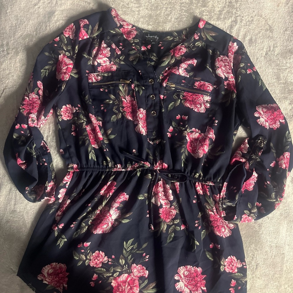Justify Pink and Red Ruched Smocked Blouse